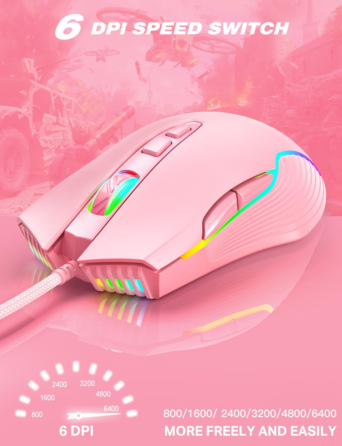 Pink Wired Gaming Mouse, USB Optical Computer Mice with RGB Backlit, 6 Adjustable DPI Up to 6400, Ergonomic and Cute Girls Mouse with 7 Programmable Buttons for PC/Laptop/Windows/Mac