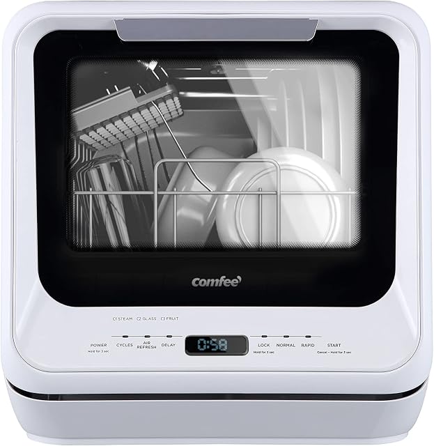 COMFEE' Countertop Dishwasher, Portable Dishwasher with 5L Built-in Water Tank, No Hookup Needed, 6 Programs, 360° Dual Spray, 192 Steam& Air-Dry Function, Mini Dishwasher for Apartments& RVs, White