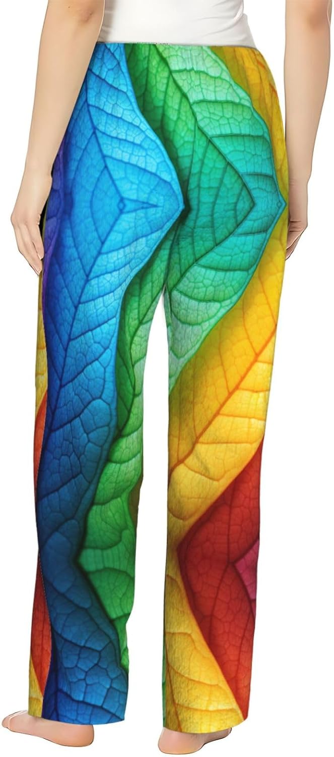 Rainbow Colors Gradient Leaf Print Cozy Christmas Pajama Pants,Flannel Pajama Bottoms,Cater To Various Body Types