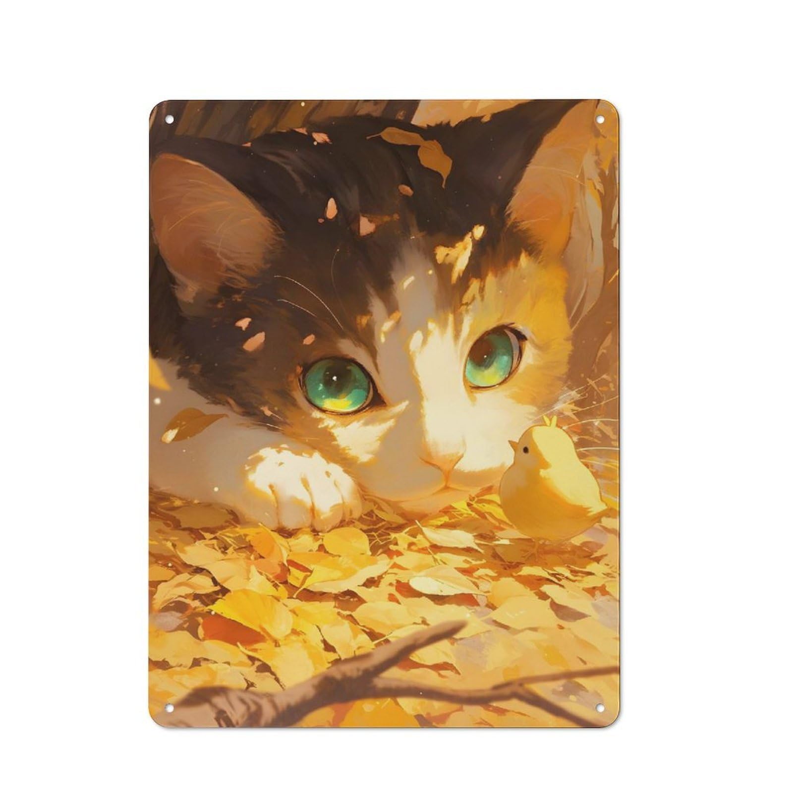 Junmoney Style-5 Bistro Style Cat And Chick In Autumn Leaves Tin Wall Sign 40X30cm, Shop Wall Decor For Takeaway, Bar, Kitchen Or Counter Area