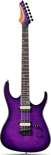 Serie de monzón de guitarra eléctrica Leo Jaymz, cabezal inverso, cuerpo de caoba, cuello de arce asado, diapasón de palo de rosa, sintonizadores de bloqueo, trastes redondeados, pastillas de Alnicov, puente fijo (llama violeta)