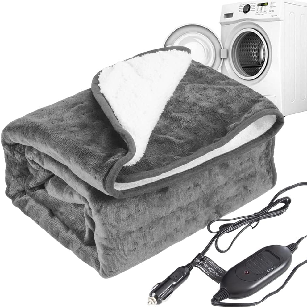 Manta eléctrica lavable a máquina, 12 voltios, manta de viaje con calefacción, franela para coche, 40 x 55 pulgadas, con controlador 3 niveles de calefacción, gris