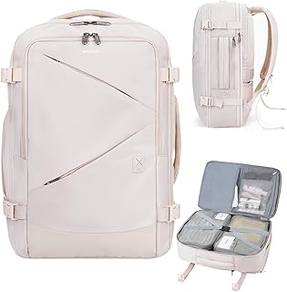 30L Carry on Travel Backpack for Men Women 18x14x8, 17 inch Expandable Airlines Personal Item Bag Water Resistant Laptop Backpack Flight Approved with USB Slot & Wet Pocket, Beige