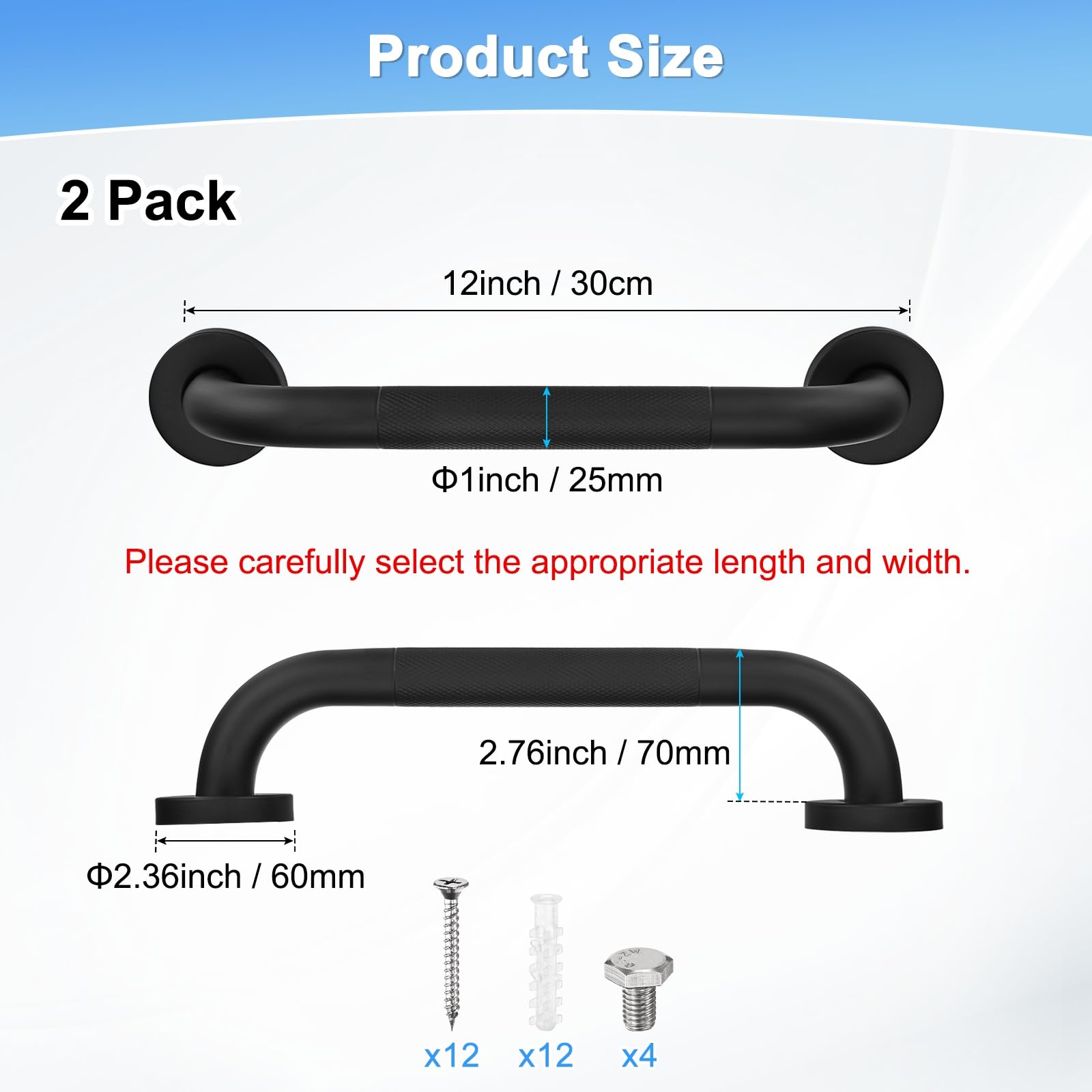 M METERXITY Paquete de 2 barras de agarre antideslizantes de 12 pulgadas para bañeras y duchas, mango de ducha de seguridad de acero inoxidable para baño/inodoro/personas mayores/mango de baño de