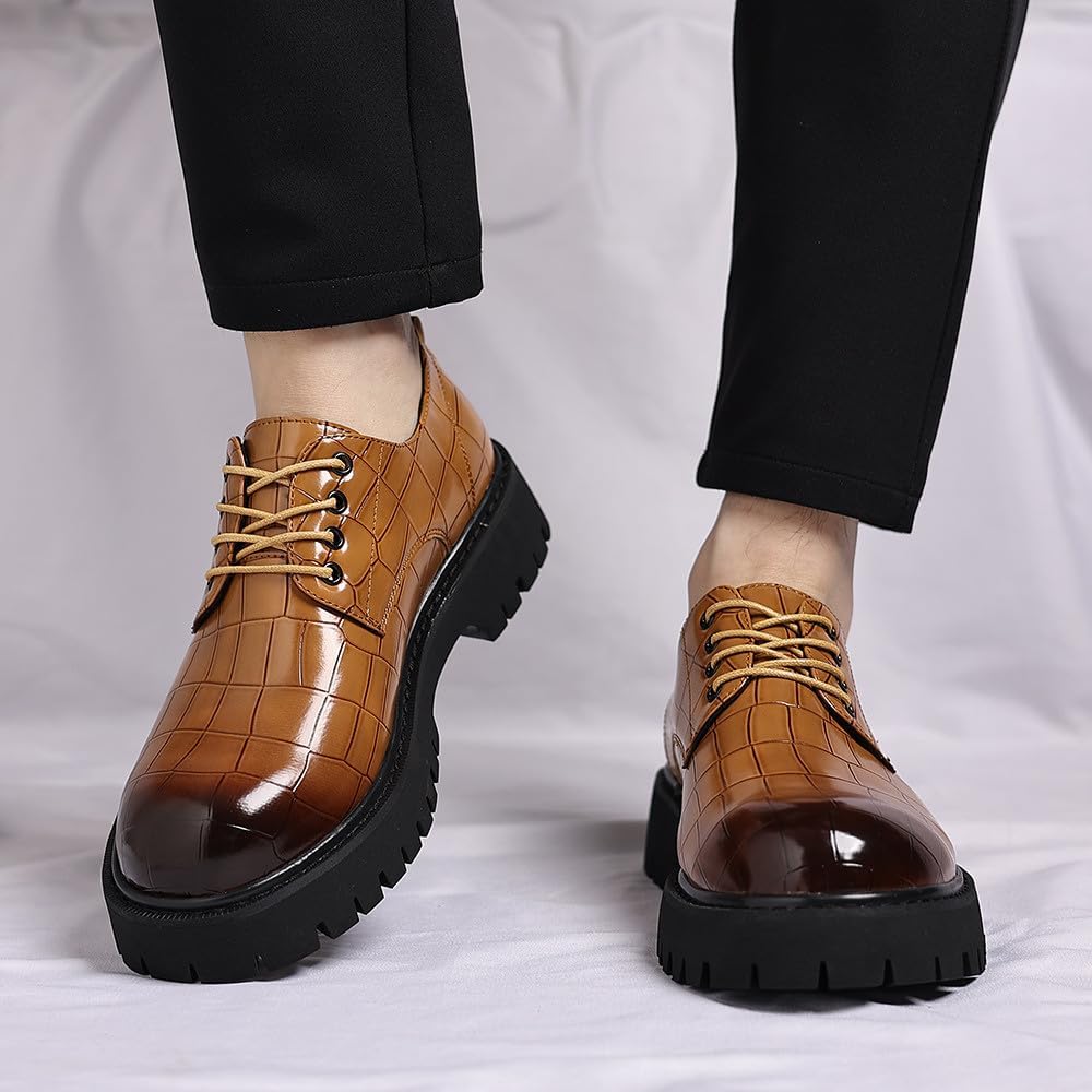 Santimon Men's Croc-Embossed Chunky Oxford Shoes – Lace-Up Dress Casual Rugged Lug Sole Shoes for Work, Streetwear, Parties