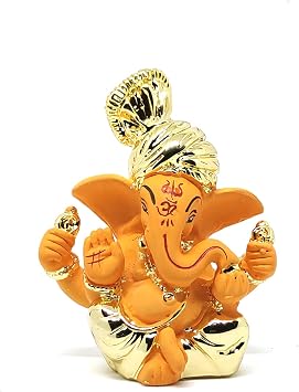 Pagdi Ganesh/Ganpati/Ganesha Gold Plated Terracotta Puja Idol Figurine Sculpture God of Success, Prosperity, Good Luck for Car Dashboard, Temple & Home Decor Orange