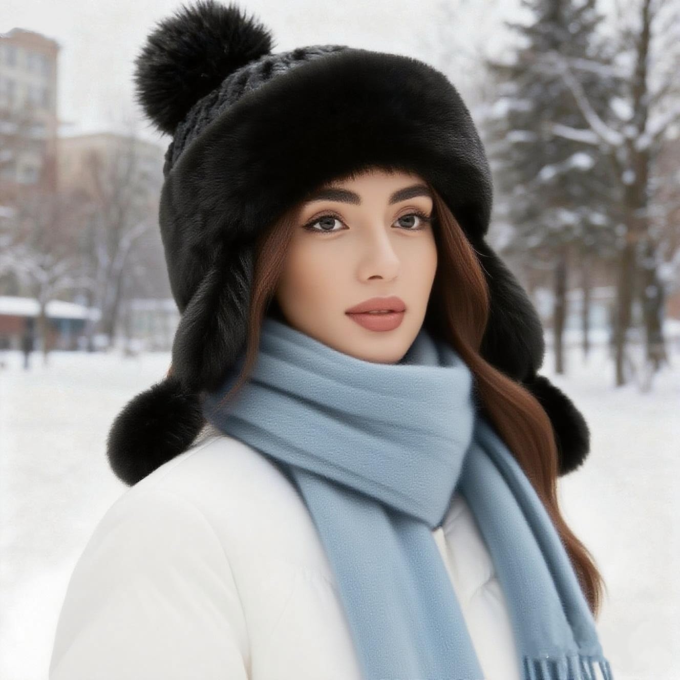 Women Faux Fur Trapper Hat Winter Warm Furry Russian Trooper Hat with Ear Flaps Windproof Ushanka Beanie Cap for Outdoor Ski - Image 3