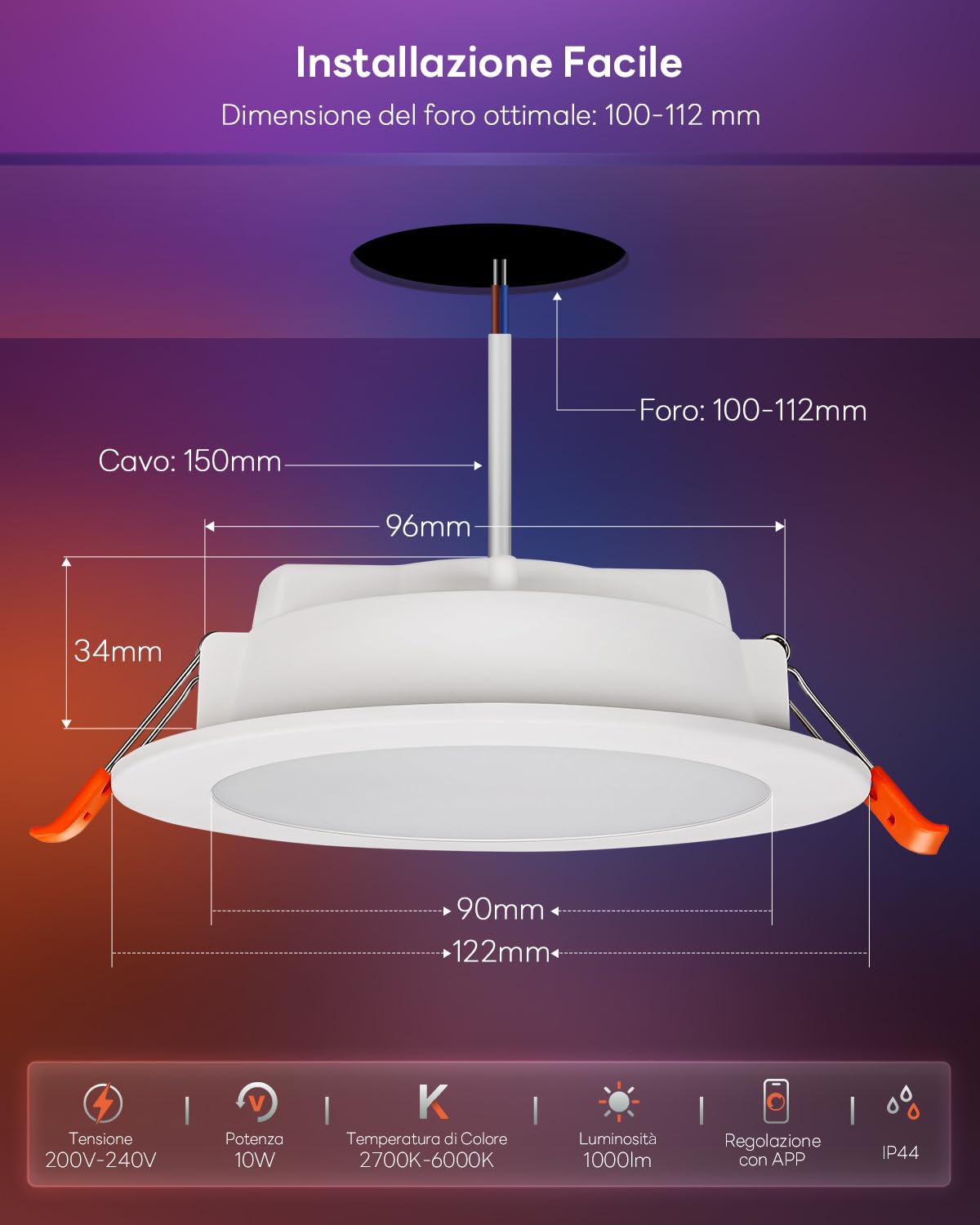 Faretti Led da Incasso per Cartongesso Alexa, Confezione da 6, 10W Smart Bluetooth Faretti da Incasso, Intelligente Colorati Faretti LED da RGBWW 2700K a 6000K, Dimmerabili App Controllo