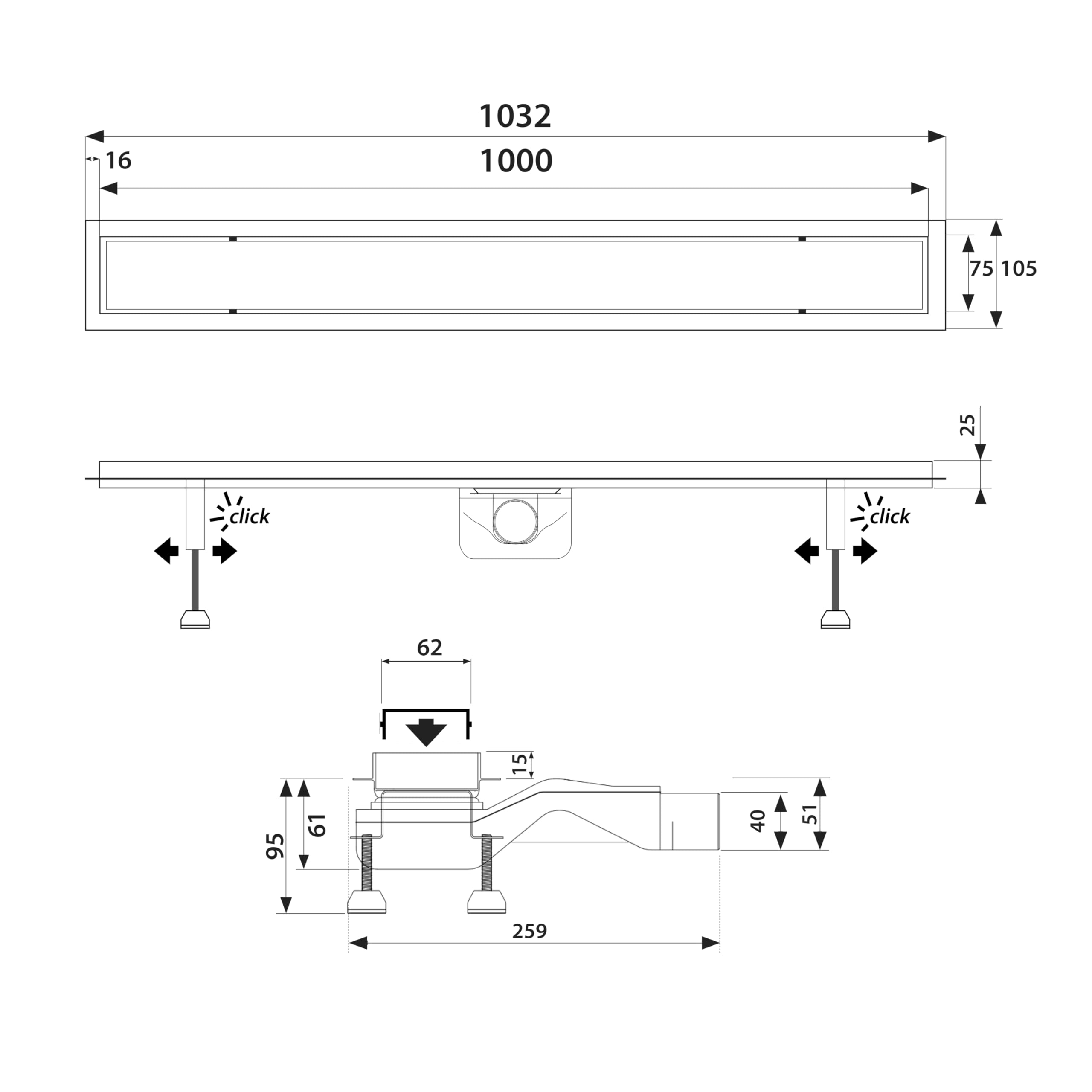 canaleta de Ducha Complete Basic, INOX., Salida Central, 100 cm | Incluye rejilla clásica, desagüe lineal de acero inoxidable para duchas a ras de suelo