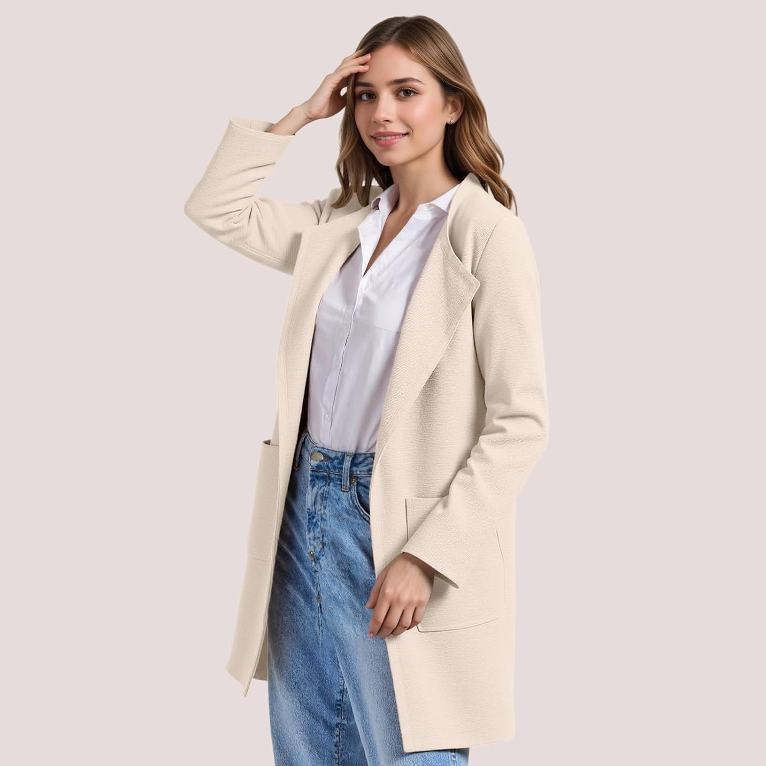 Women's Open Front Cardigan Knit Sweaters Lapel Neckline Long Coatigan Lady Jacket Coat Fall Winter Outerwear Pockets - Image 2