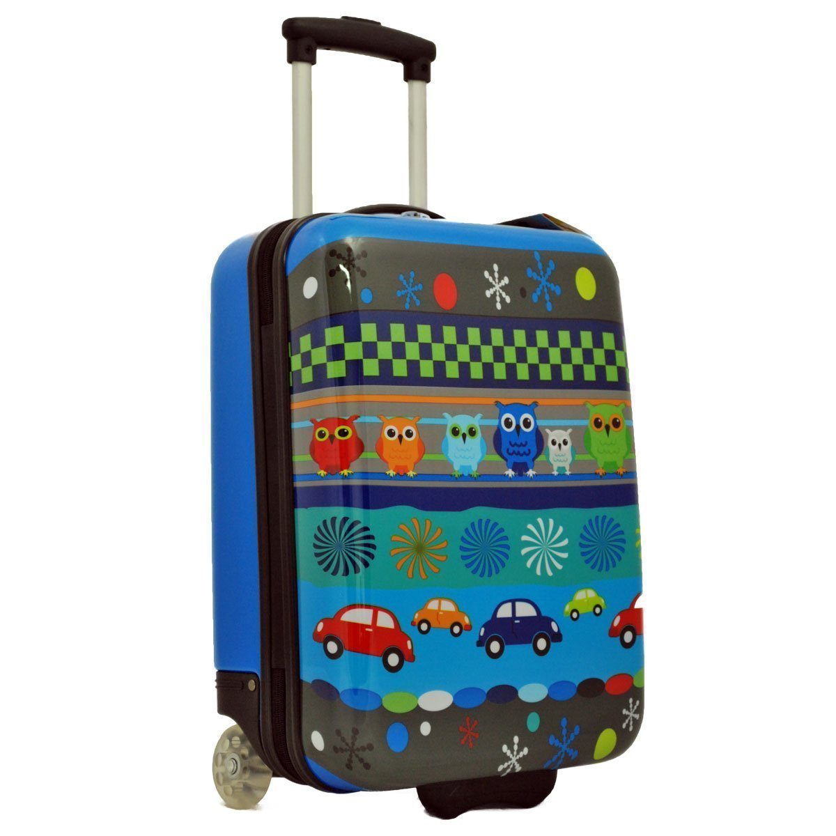 Snowball | Valise Enfant imprimé Chouettes Voitures | Bagage Cabine garçon Petit Format 2 Roues en Polycarbonate | 27L | 32 x 48 x 20 cm | Coloris Bleu