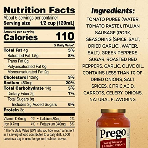 Image of Prego Sweet Sausage and Roasted Peppers Pasta Sauce, 23.5 OZ Jar (Pack of 2)