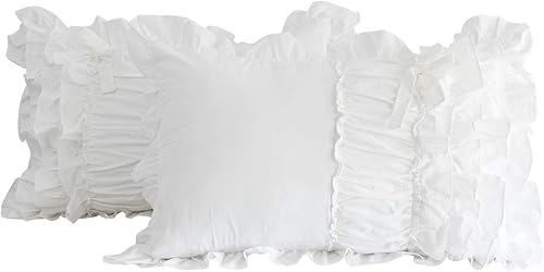 Softta 2 fundas de almohada de 20 x 36 pulgadas, con volantes, decorativas, elegantes, con lazo, color blanco, 100% algodón lavado, tamaño KingCal
