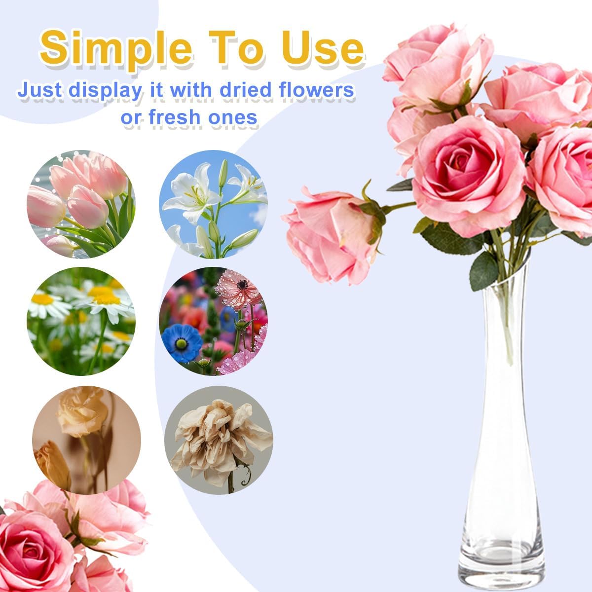 Hand-Made Blown Art Bud Glass Flower Vase Oblique Mouth Single Bud Vase Heavy Base Single Stem Flower Drop Vase for Flower and Office Bud Home Wedding Decor (Transparent -23cm) - Image 4