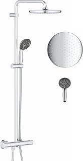 GROHE Vitalio Start 250 - Shower System with Exposed Thermostatic Mixer Valve (Water Saving Technology, Round Head Shower 25 cm, 2-Spray Hand Shower 10 cm, Swivable 39 cm Shower Arm), Chrome, 26816000