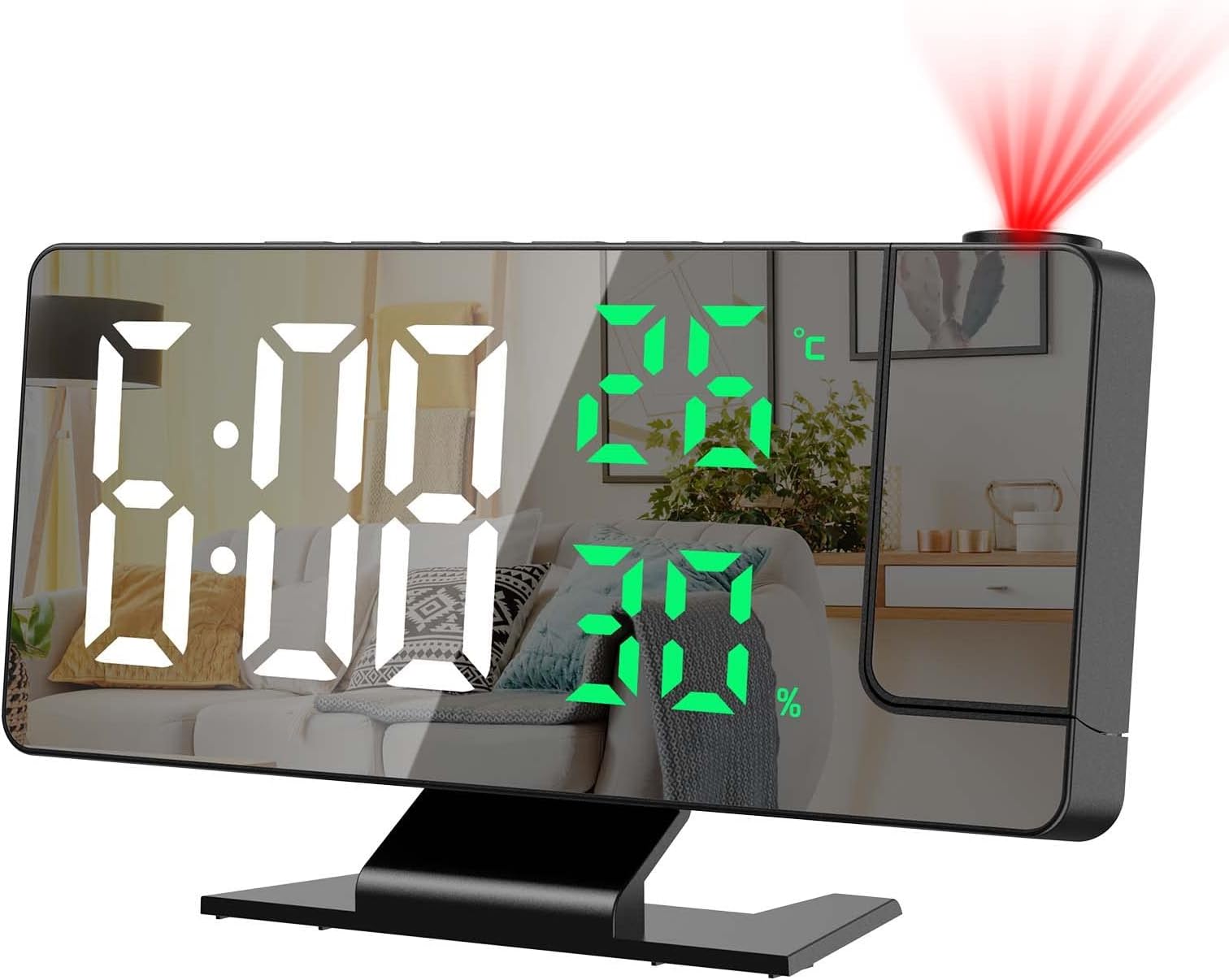 ORIAProjection Alarm Clock, LED Alarm Clock, 7.8" Mirror Display Bedroom Clock with 180° Rotatable Projector, Temperature Humidity Display, USB Charging Port, Snooze, Adjustable Brightness