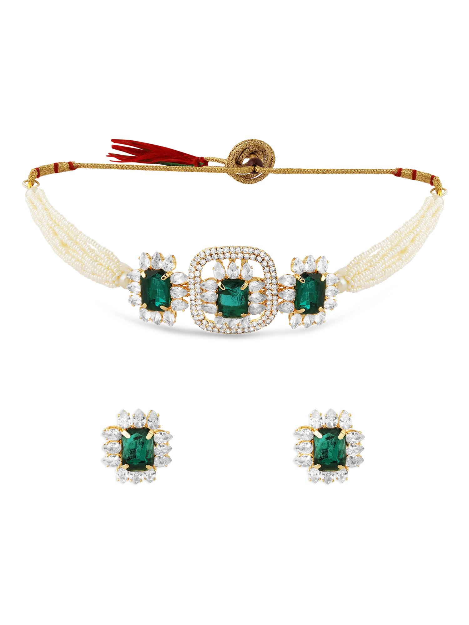 Green Statement Stones Embellished Multistrand Beaded Choker Necklace & Earring Set For Women-ZPFK17202-image-44