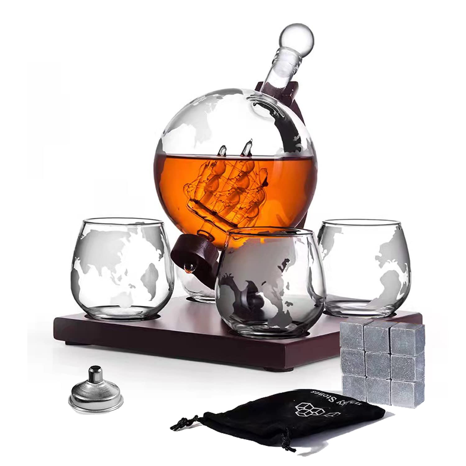 Whiskey Decanter Globe Set with 4 Etched Whiskey Glasses,Reusable Whiskey Stone Ice Cubes, Cherry Wood Stand, Pour Funnel- for Scotch Bourbon Vodka,Gifts For Men - 850ml