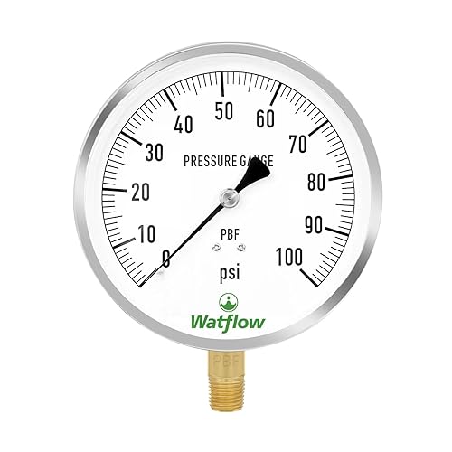 Watflow Tamaño del dial de 4-12", caja de acero inoxidable 304, medidor de presión del contratista, 0-100Psi, precisión del 1%, montaje inferior NPT