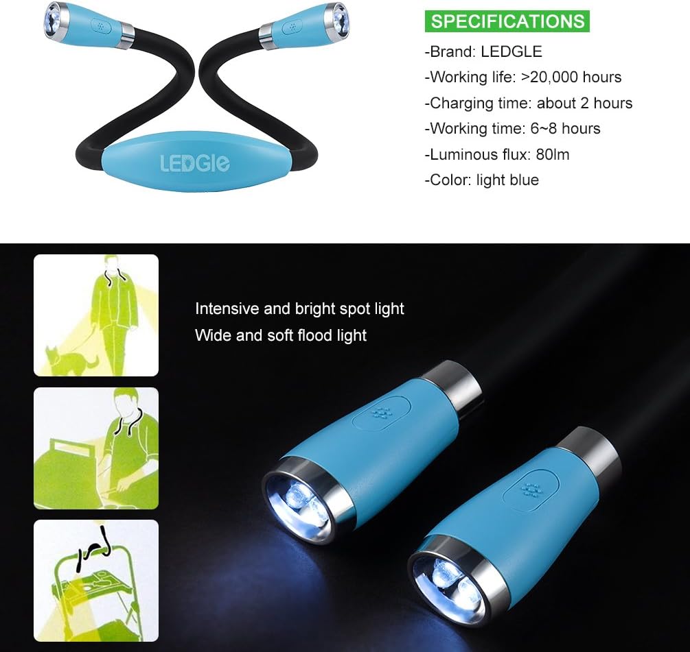 LEDGLE Neck Reading Light Rechargeable Neck Flashlights for Knitting, 4 LED Bulbs + 3 Adjustable Brightness + Flexible Soft Silicone Arms | Hands Free Flashlight for Reading Crocheting Repairing