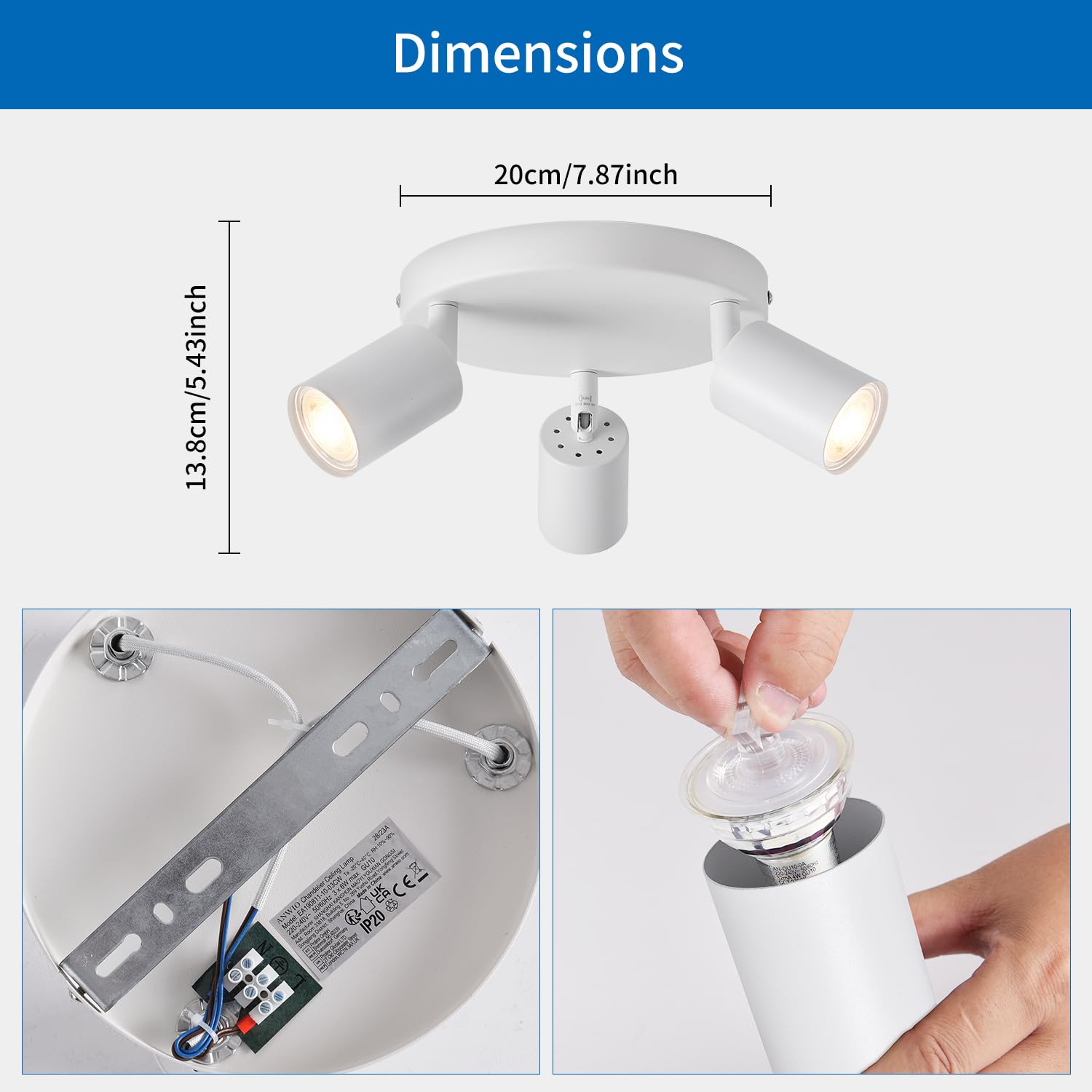 ANWIO Focos LED Interior Techo Ajustable con 3 Focos LED de Metal Blanco - Diseño Moderno y Versátil para Dormitorios y Salones(Sin Bombillas)