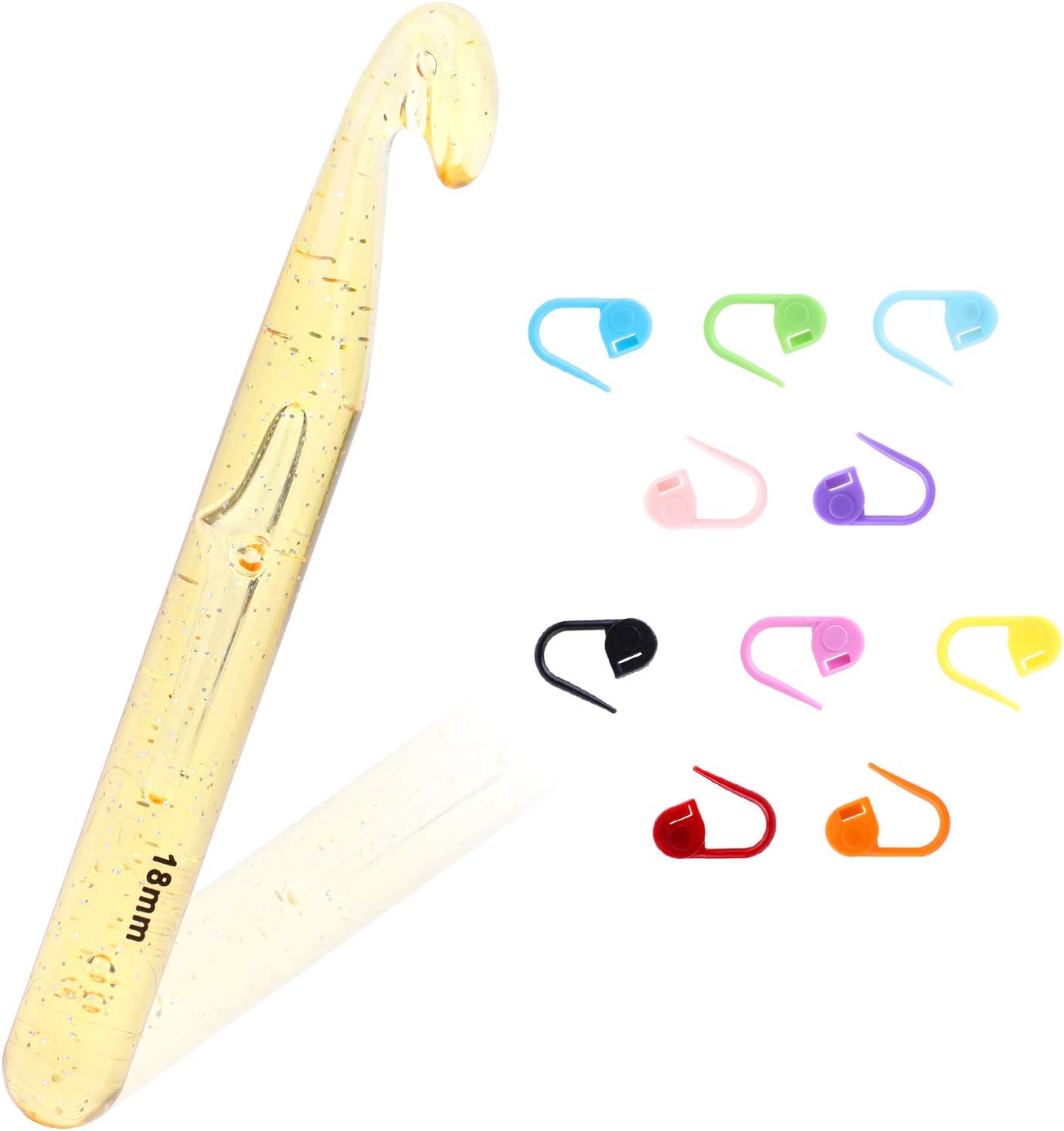 18 mm Huge Crochet Hook - Large Yarn Crochet Hooks Needles with 10 Pcs Crochet Locking Stitch Markers, Extra Long Large Size Plastic Handle Knit Crochet Hooks for Blanket Rags Shawl Craft