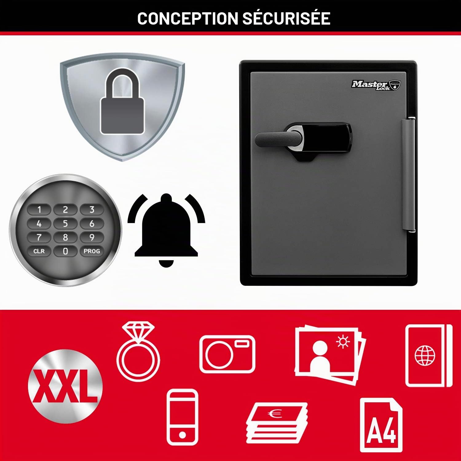 Master Lock Coffre Fort Anti Feu et Etanche à Code et Alarme, triple protection - vol, incendie et inondation, Combinaison Electrique, 56.6L, 60.3 x 47.2 x 49.1 cm