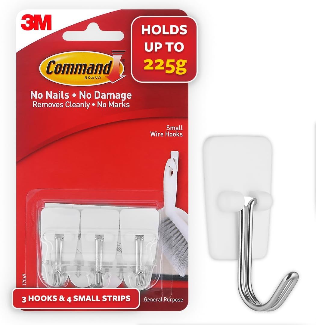 3M Command Small Wire Wall Hooks, Holds Up to 225gms, No Paint damage, Holds Strongly, Reusable, Adhesive hooks for wall, Multi-surface (White, 3hooks, 4 strips)