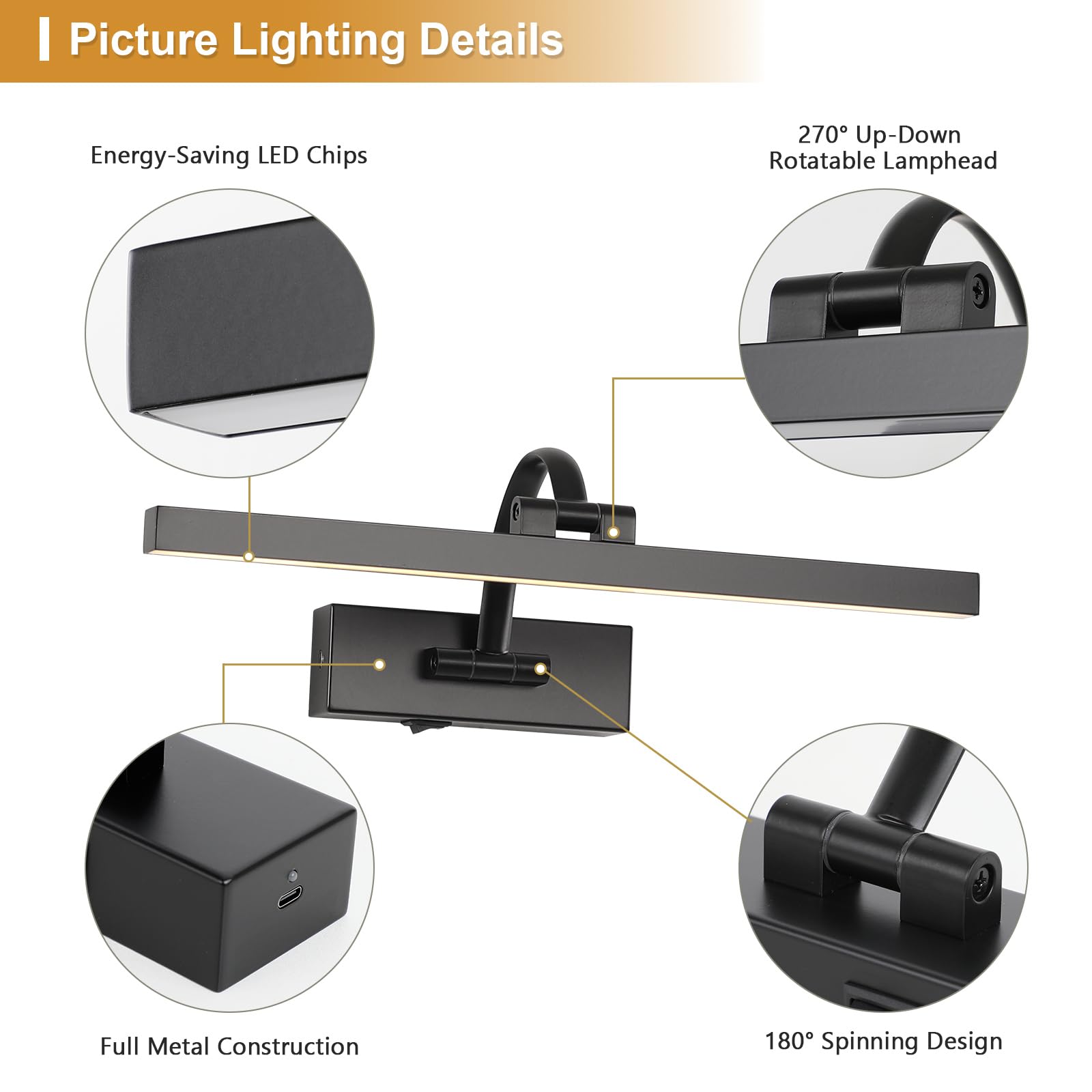 Luci per immagini wireless per parete a batteria illuminazione artistica per dipinti Luci da galleria ricaricabili con telecomando e timer Luci per pittura senza fili per opere d'arte, 40,6 cm 3 CCT
