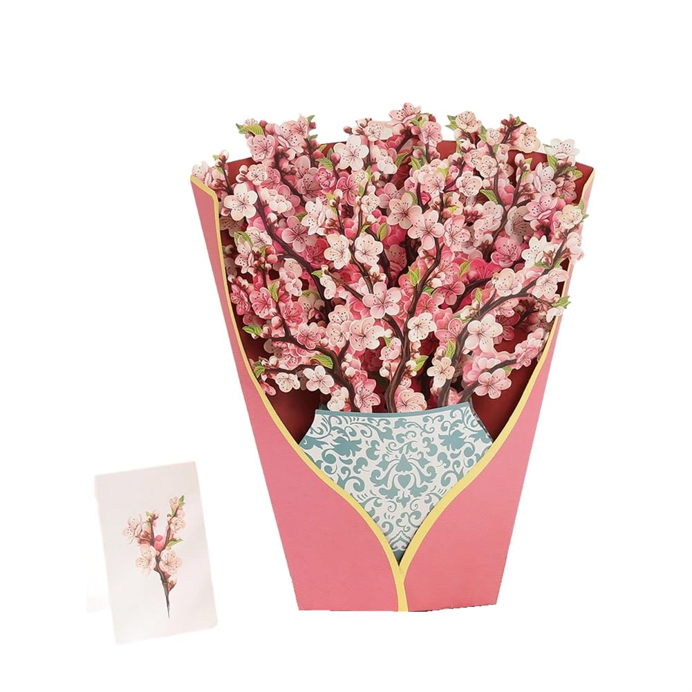 Nimooro Paper -Up Cards, Cherry Blossoms, Life Sized Forever Flower Bouquet 3D Popup Greeting Cards, Birthday Gift Cards Easy Install