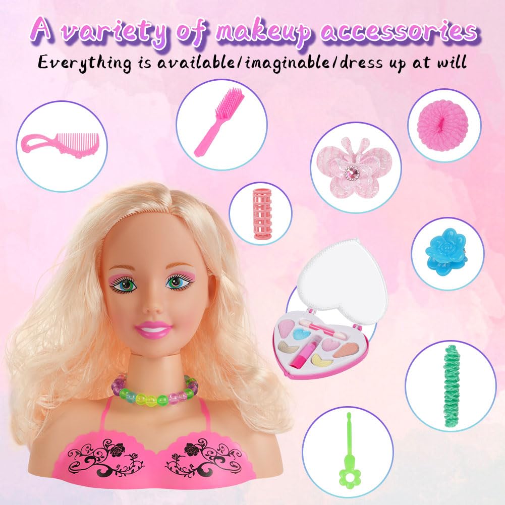 HOTUT Cabeza de muñeca de peluquería y Maquillaje para niños, 17 Piezas de Juguete de Cabeza de Peinado con Accesorios para el Cabello, Juguetes de muñeca de Peinado niñas