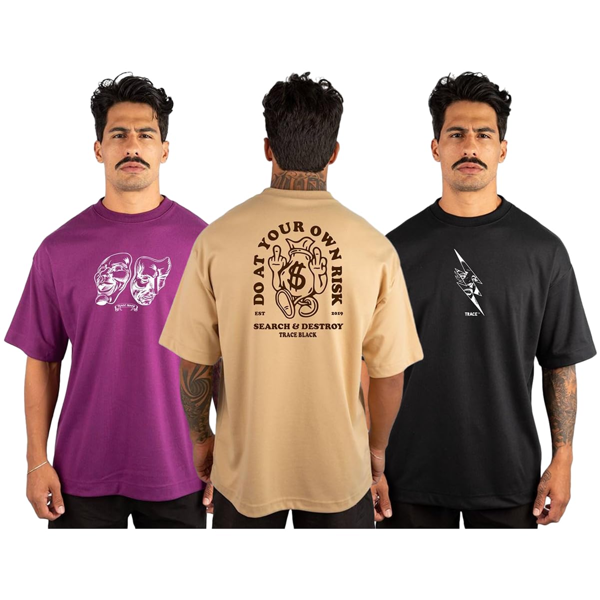 Kit 3 Camiseta Oversized Masculina Streetwear Trace Black Básica Academia 100% Algodão Premium 30.1 Penteado REF 01