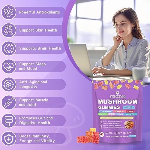 Miniatura 4 de Gomitas complejas de hongos con Ashwagandha y melena de león, Reishi, Cordyceps, Maitake, Shitake, Chaga y cola de pavo Gomitas nootrópicas para