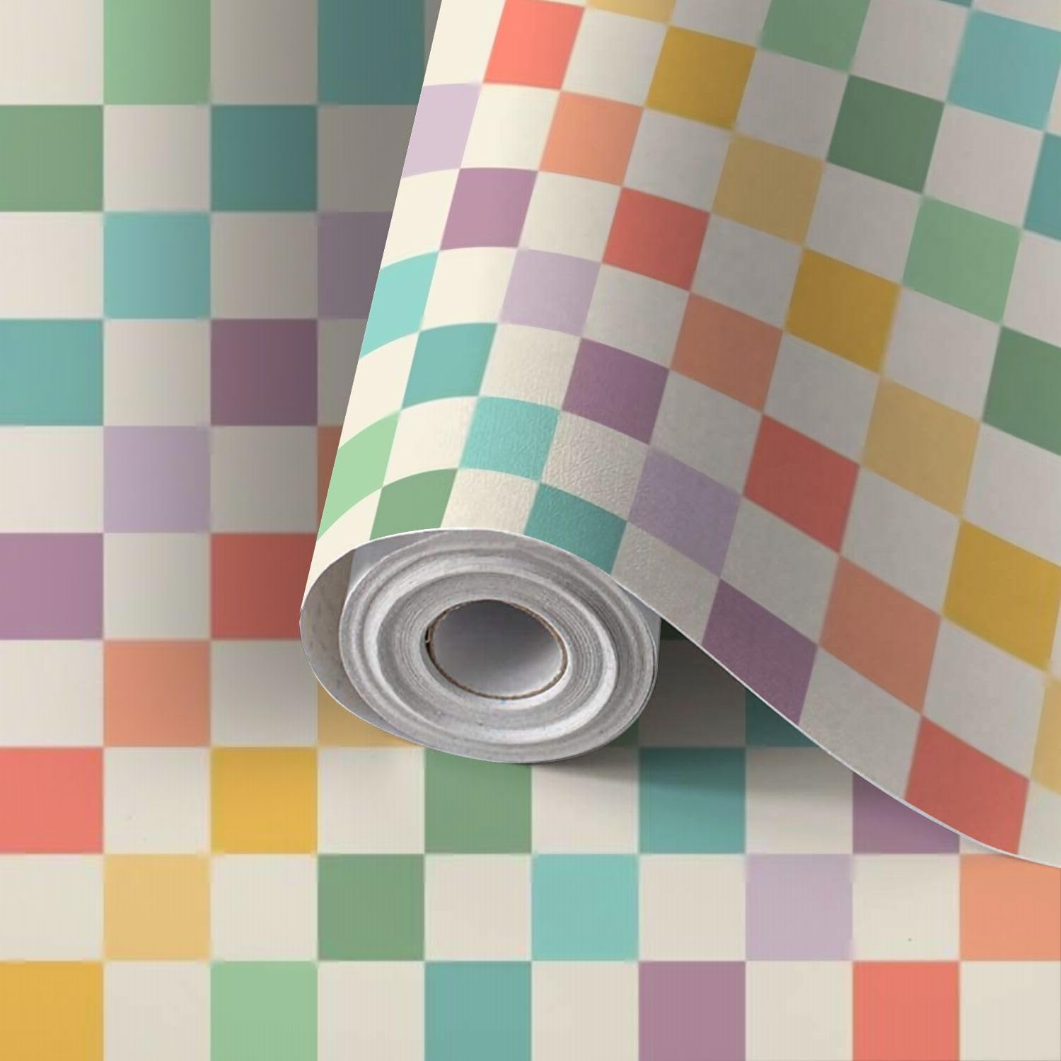 Peel and Stick Wallpaper Self Adhesive Wall Mural Checkerboard squares muted vintage kitschy 1950s rainbow colours Contact Paper Renter Friendly Wallpaper for Kitchen Nursery Bedroom 17.7"x118"