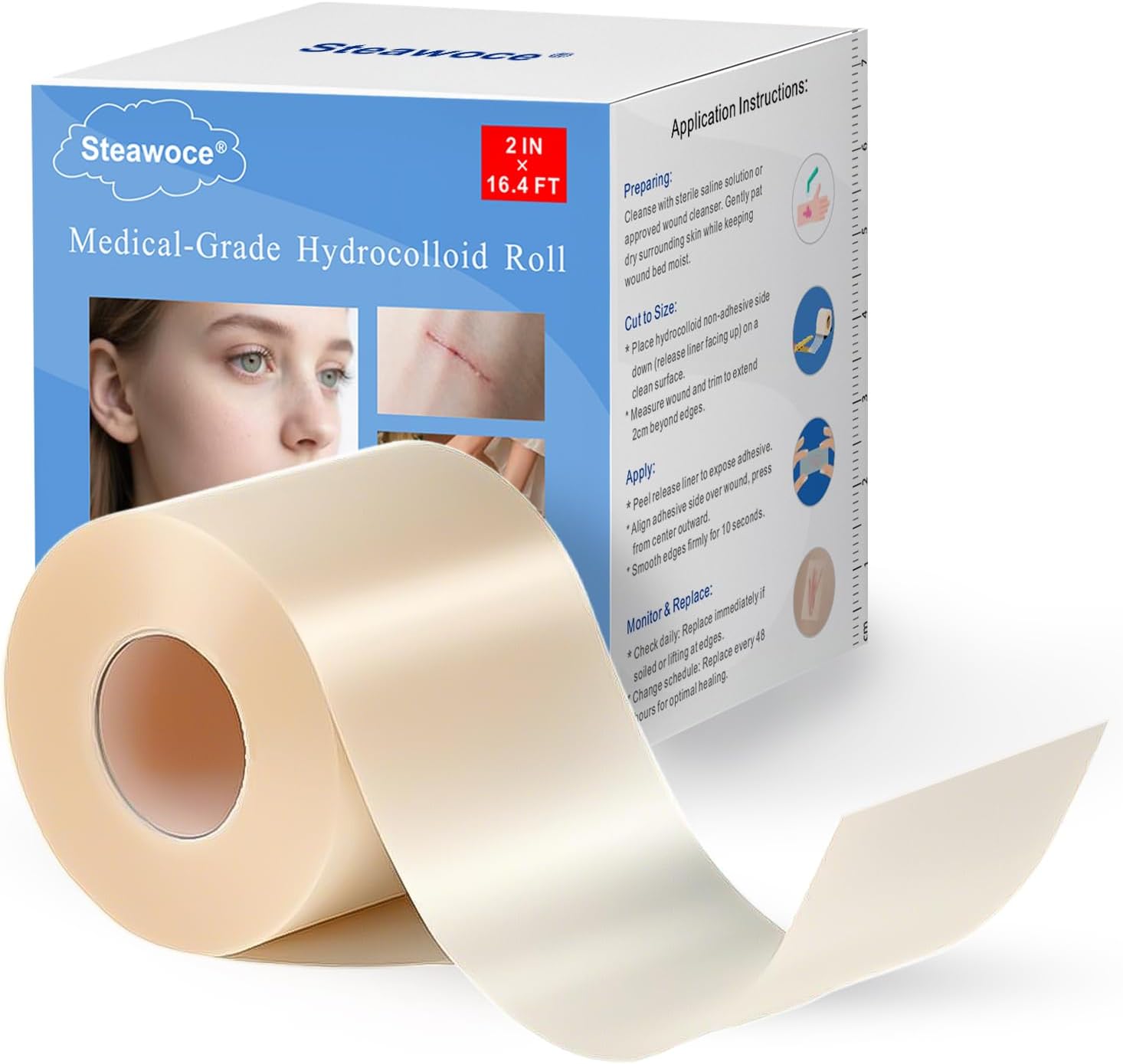 3-in-1 Hydrocolloid Bandage Roll (2" x 16.4 ft) - Sterilized, Waterproof Wound Dressing for DIY Sizing, Latex-Free and Hypoallergenic, Great for Blisters, Cuts & Pimples (2" x 16.4 ft) | Waterproof & Hypoallergenic Hydrocolloid Bandage Highly Absorbent Dressings for Wound Care, Burn, Blister, Acne, Pimples