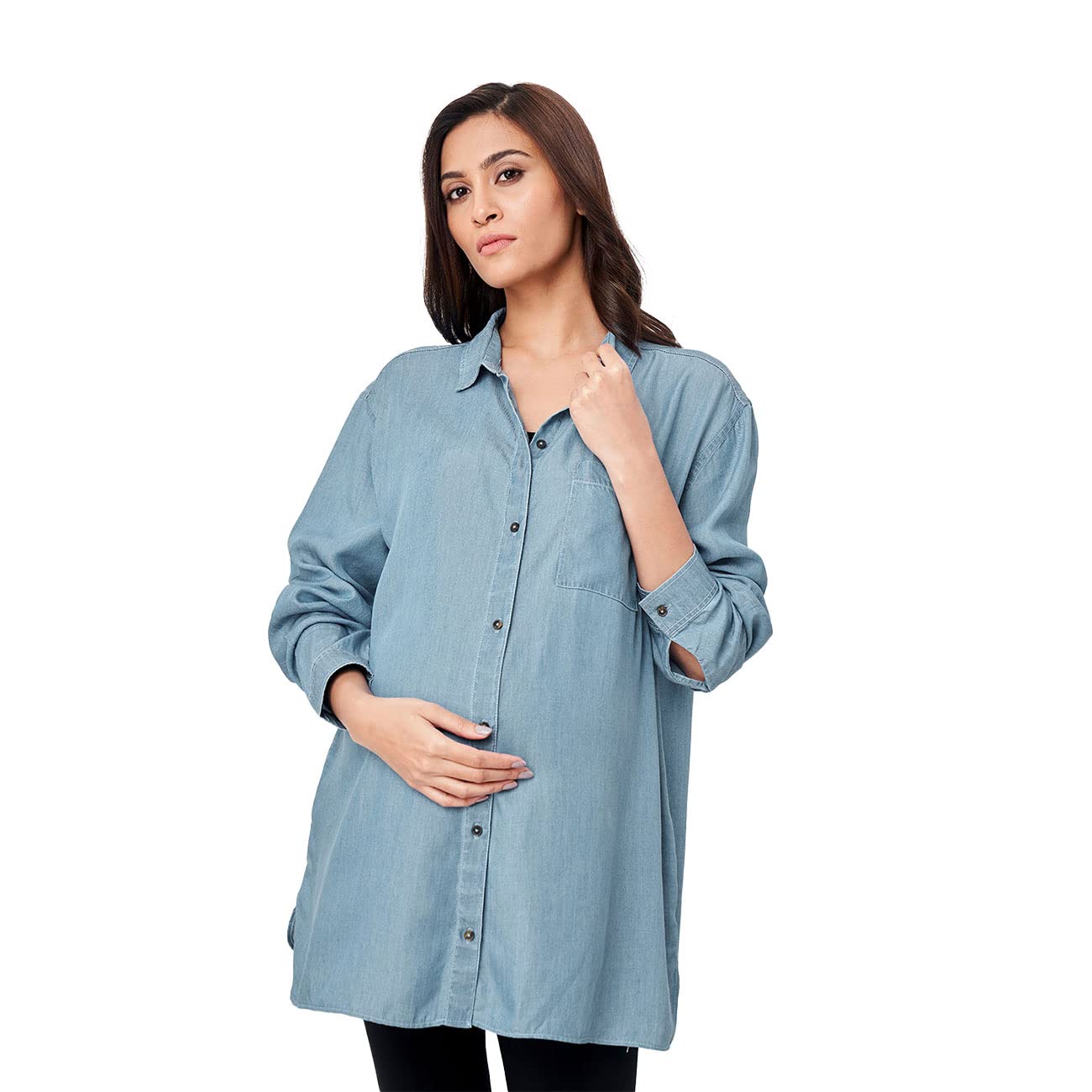 ED-A-MAMMA Sustainable Washed Denim Maternity Shirt - Blue