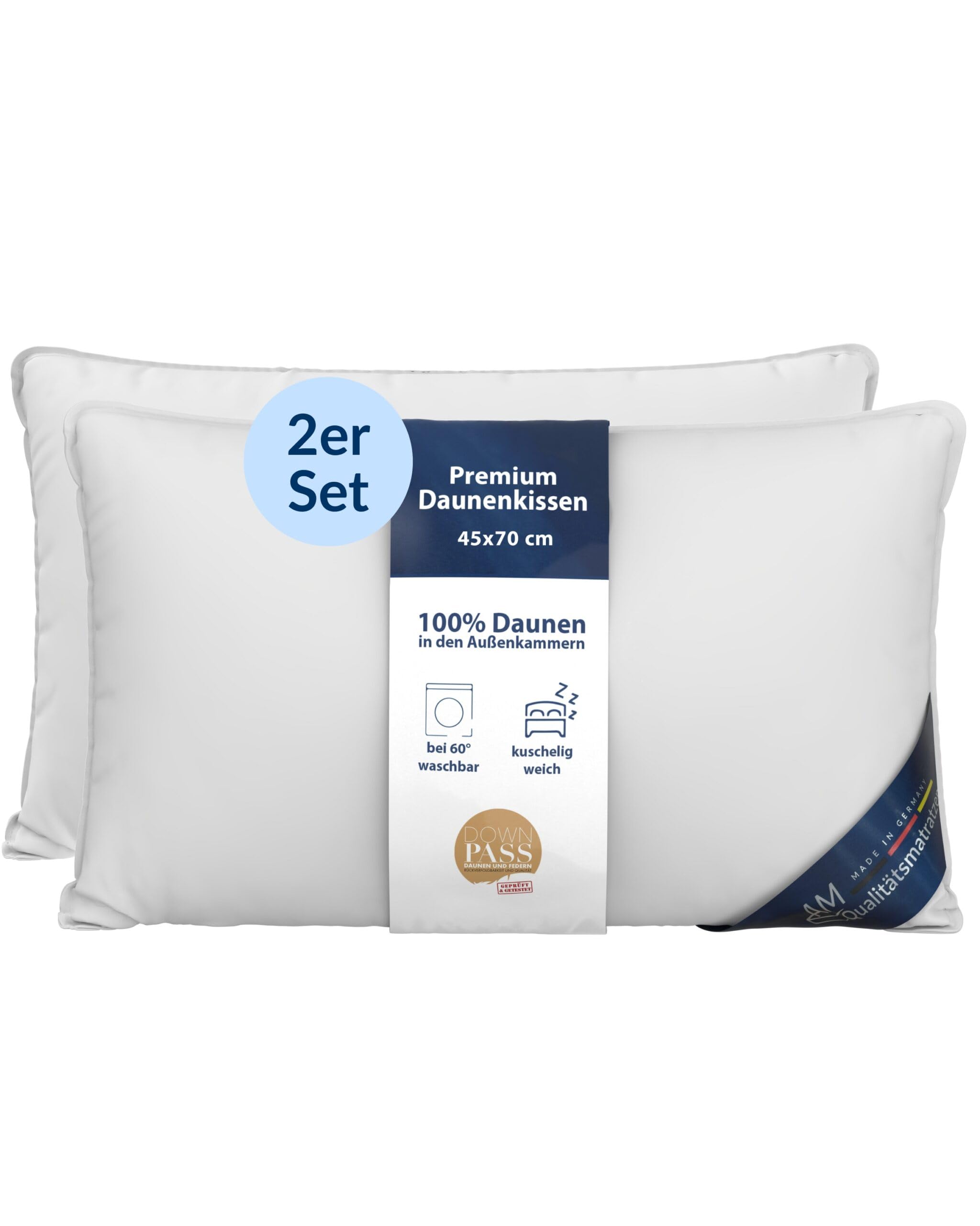 Almohada de plumón 45x70 - Made in Germany Almohada 3 cámaras 45x70 cm - Cámara Exterior 100% plumón - Almohadas Plumas 45x70 Apta para alérgicos - Cojin Relleno de Plumas Set de 2