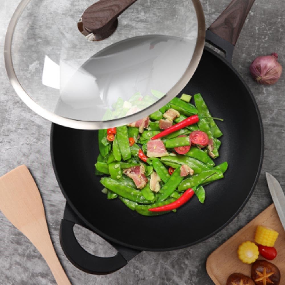 Woks und Pfannen Antihaftbeschichtete Wok-Pfannen, 12,6 Zoll flache Bratpfanne mit Granitbeschichtung, schnell aufheizende, tragbare, mehrlagige Woks mit ergonomischem Griff und,One Color-12.6in