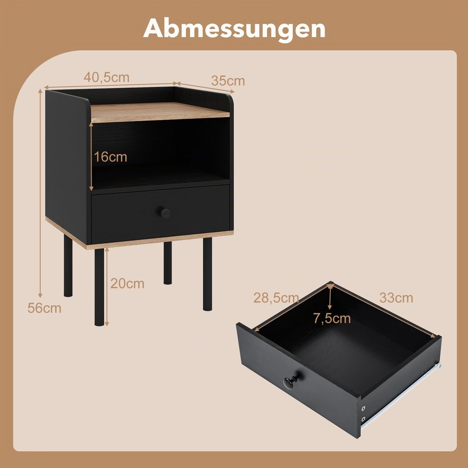 COSTWAY Nachttisch 2er Set, Beistelltisch mit Schublade, offenem Ablagefach und Metallbeinen, Nachtschrank, Nachtkonsole, Nachtkommode für Schlafzimmer, Wohnzimmer, 40,5 x 35 x 56 cm, Schwarz