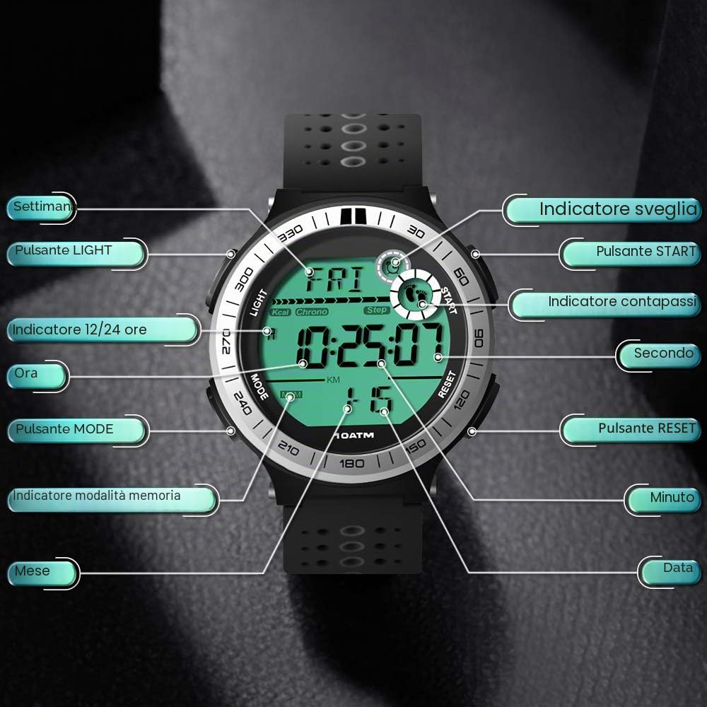 10 ATM Impermeabile Orologio da polso Sportivo Pedometro per Uomini Ragazzi Orologio per Immersioni Subacquee con Funzione Lap Cronometro e Sveglia, Formato 12/24 Ore Selezionabile