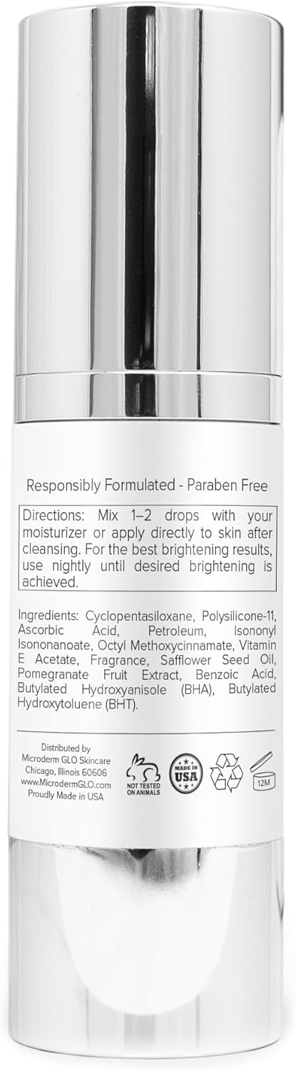 Back of Microderm GLO Vitamin C Serum bottle with ingredients list