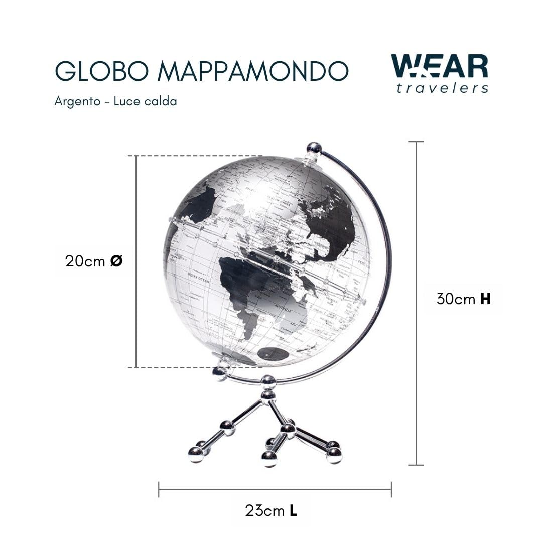 Globo Mappamondo Illuminato LED 20 CM Base in Metallo – Lampada da Tavolo con Mondo Decorativa per Casa, Ufficio, Scuola – Rotazione Manuale 360° – Idea Regalo Educativa Bambini (Argento)