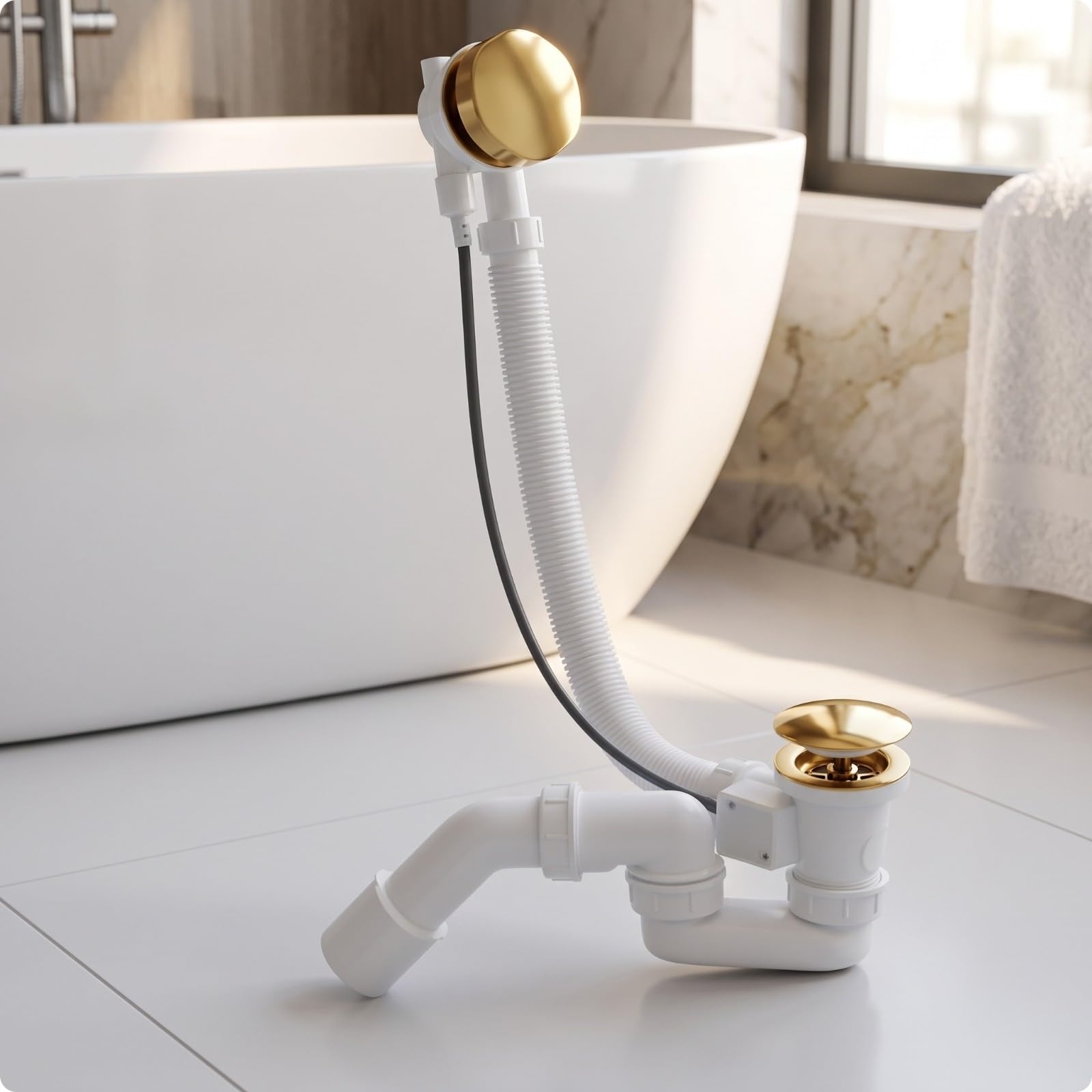 Badewannenablauf mit Überlauf verchromt Ablaufgarnitur mit Überlauf flexibel Wannenablauf Flexschlauch für Installateure, Badezimmer, Renovierung, 65 cm