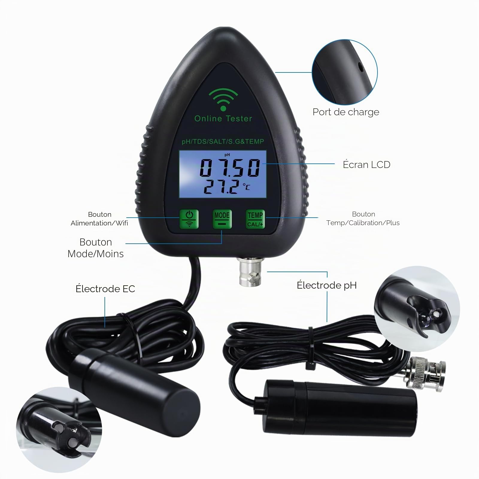 Moniteur de pH WiFi 5 en 1, testeur de qualité de l'eau, pH/S.G/TDS/sel/température 24/7, surveillance hydroponique en ligne avec enregistrement de données et alarme pour aquarium, étang, piscine