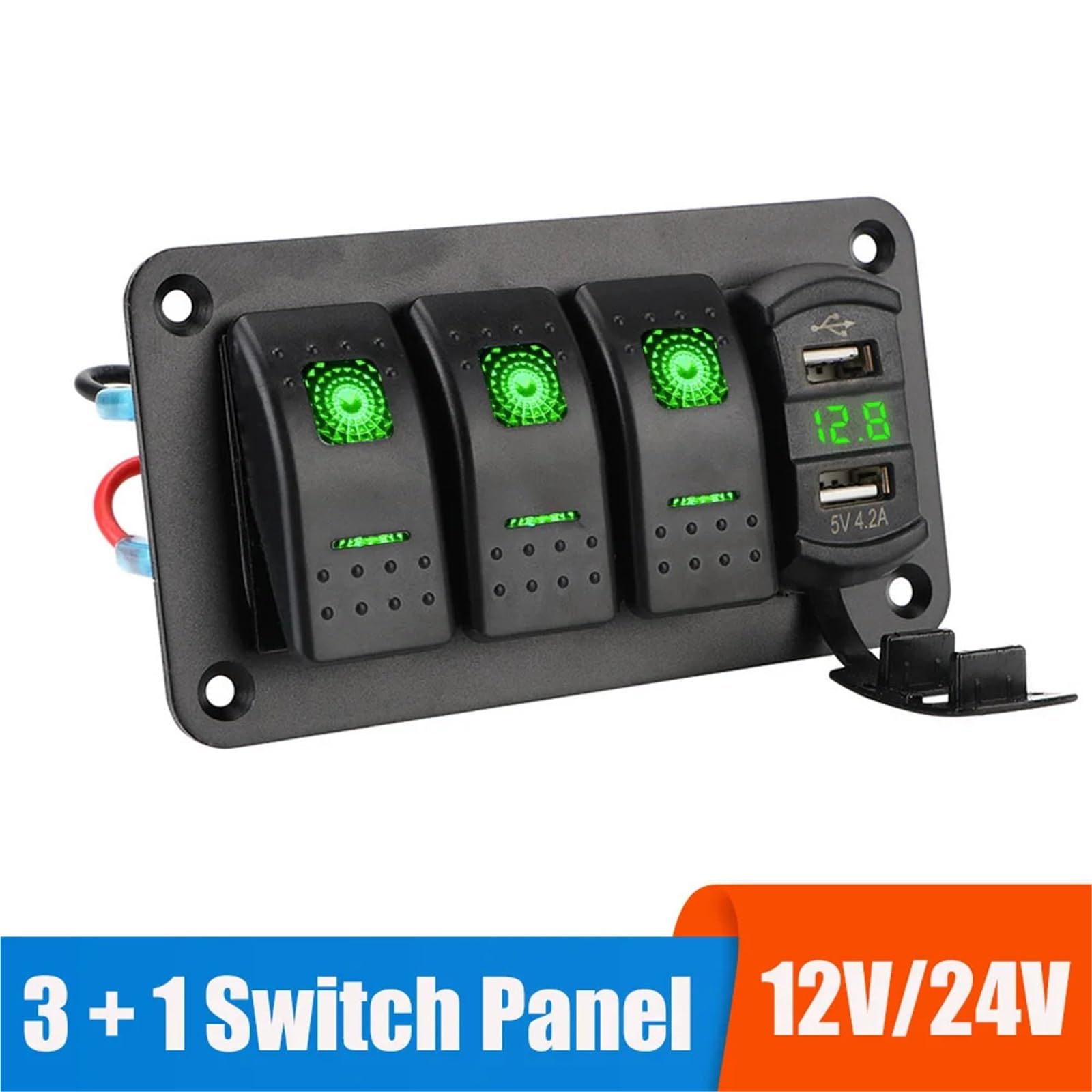 Panel de interruptores de 24 V y 12 V con 3 botones, luz de palanca for coche, cargadores USB, comprobador de 3 voltios, accesorios for barco, caravana, camión, remolque(Rot)