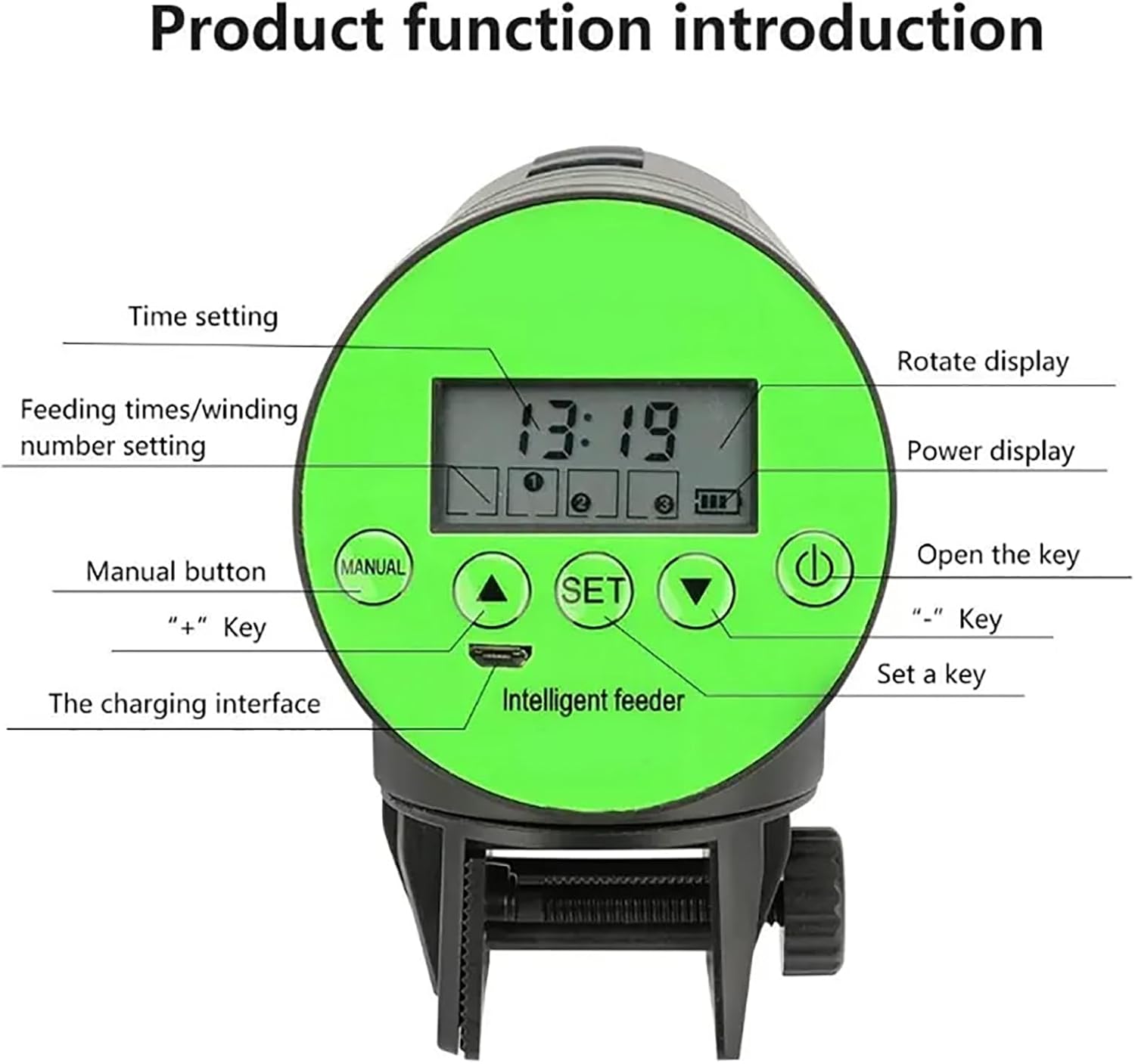 Rechargeable Automatic Fish Feeder, 200ml Large Capacity Auto Feeders with Energy-Saving Liquid Crystal Display and Swivelling Base, Volume Adjustable for Mini Tank Aquarium and Pond