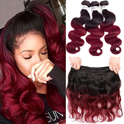 Red Ombre Human Hair Bundles Extensions 1B 99J Brazilian Body Wave Human Hair Body Wave Natural Brazilian Human Hair (12"14"16")