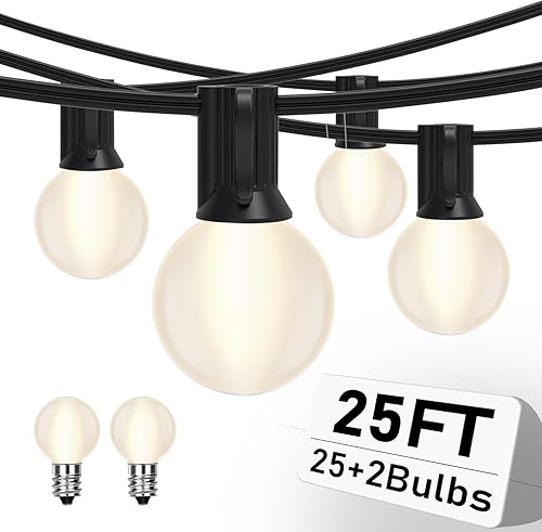 Miniatura 15 de Tira de luces blancas de 25 pies para exteriores con 27 bombillas transparentes, tira de luces G40 para patio interior y exterior, luces colgantes