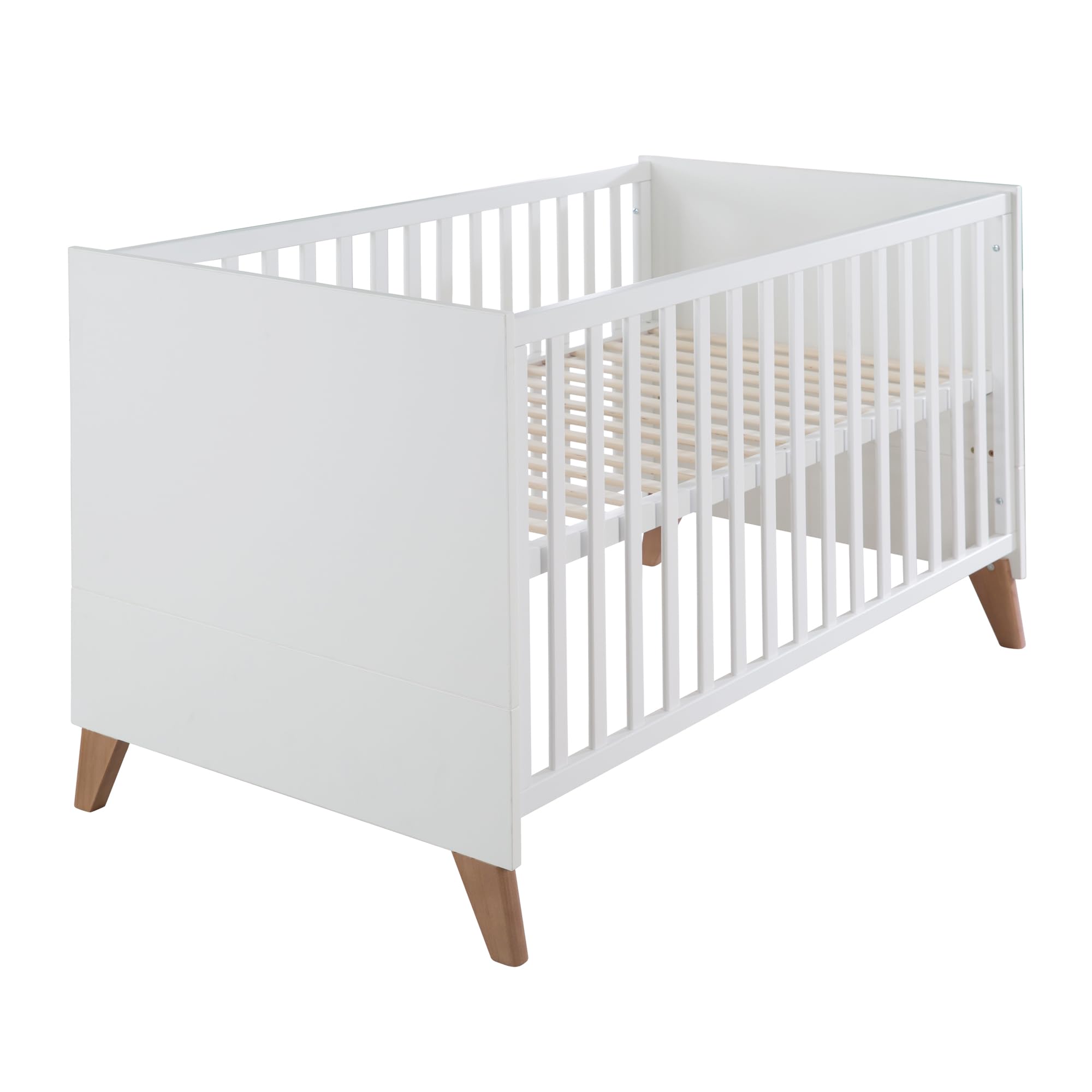roba - Cama de bebé escalable de 70 x 140 cm, con diseño de Ole, Convertible en Cama Infantil, de 0 a 7 años, hasta 50 kg, Altura Ajustable, 3 Barras extraíbles, Madera, Color Blanco y Roble Oscuro,