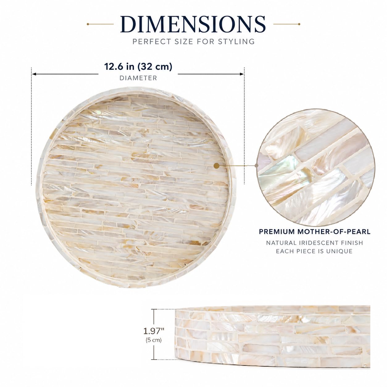 PEMAR Bandeja redonda decorativa para servir de 32 cm, bandeja de mesa de café con incrustaciones de nácar, con asas de inserción, bandeja otomana de madera nácea, bandeja de dormitorio, bandeja de